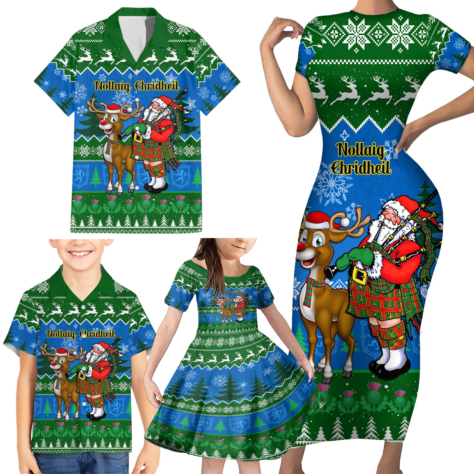 Personalised Scotland Christmas Family Matching Short Sleeve Bodycon Dress and Hawaiian Shirt Scottish Santa With Reindeer Nollaig Chridheil - Wonder Print Shop