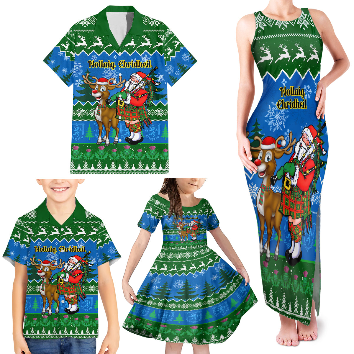 Personalised Scotland Christmas Family Matching Tank Maxi Dress and Hawaiian Shirt Scottish Santa With Reindeer Nollaig Chridheil - Wonder Print Shop