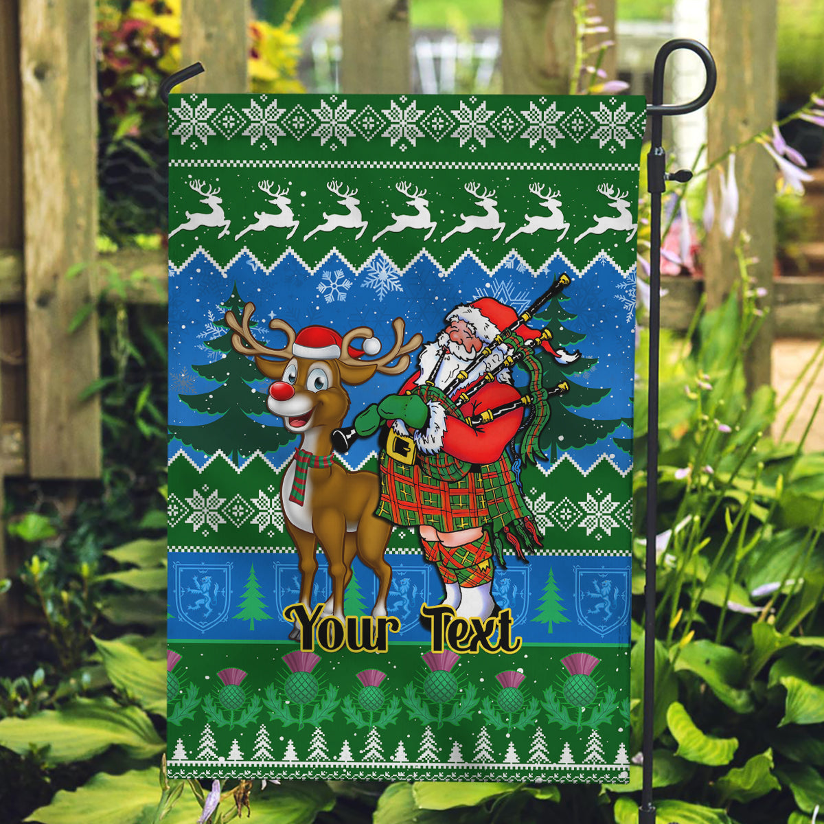 Personalised Scotland Christmas Garden Flag Scottish Santa With Reindeer Nollaig Chridheil - Wonder Print Shop