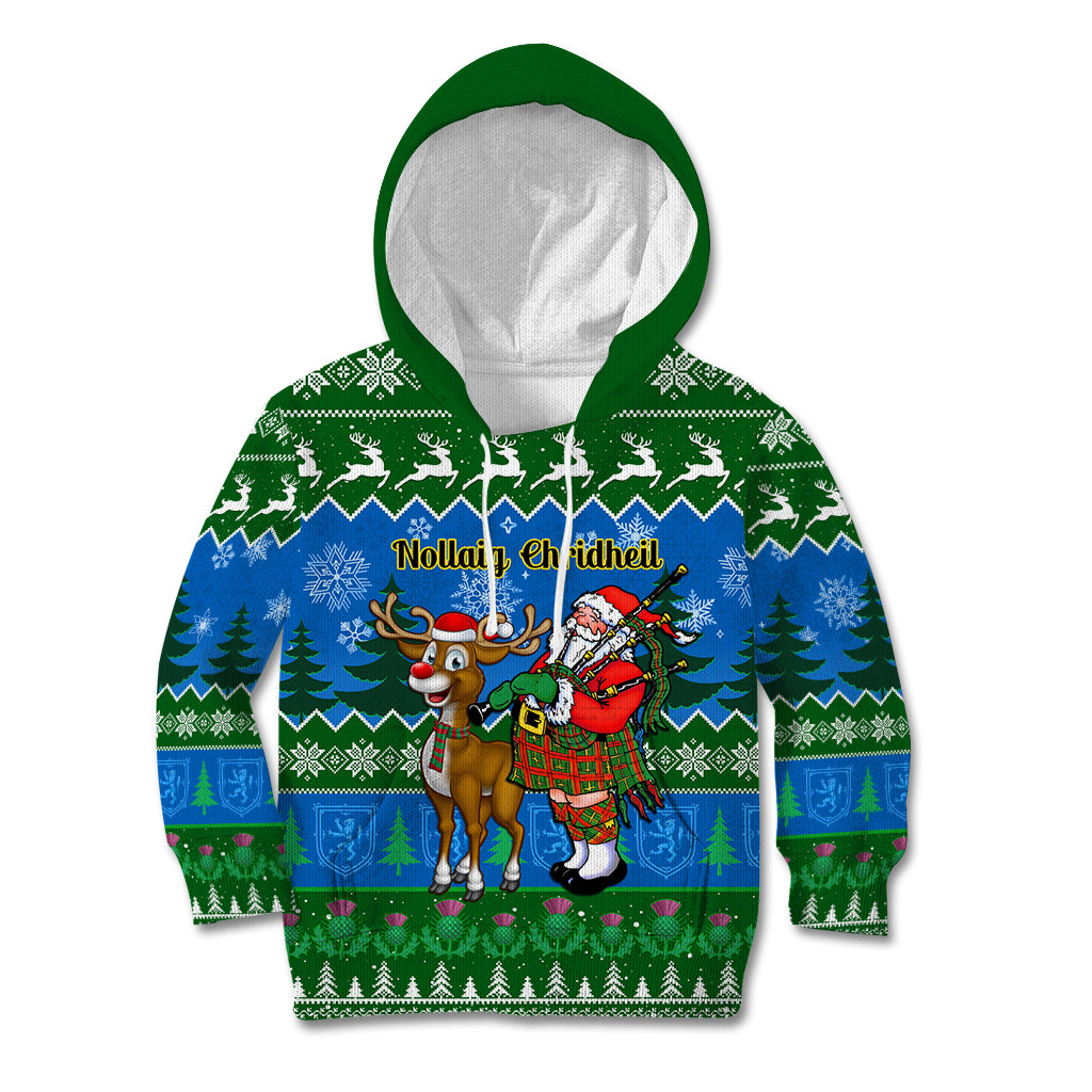 Personalised Scotland Christmas Kid Hoodie Scottish Santa With Reindeer Nollaig Chridheil - Wonder Print Shop