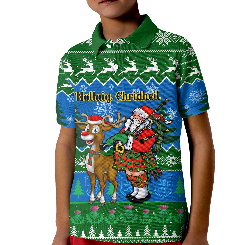 Personalised Scotland Christmas Kid Polo Shirt Scottish Santa With Reindeer Nollaig Chridheil - Wonder Print Shop