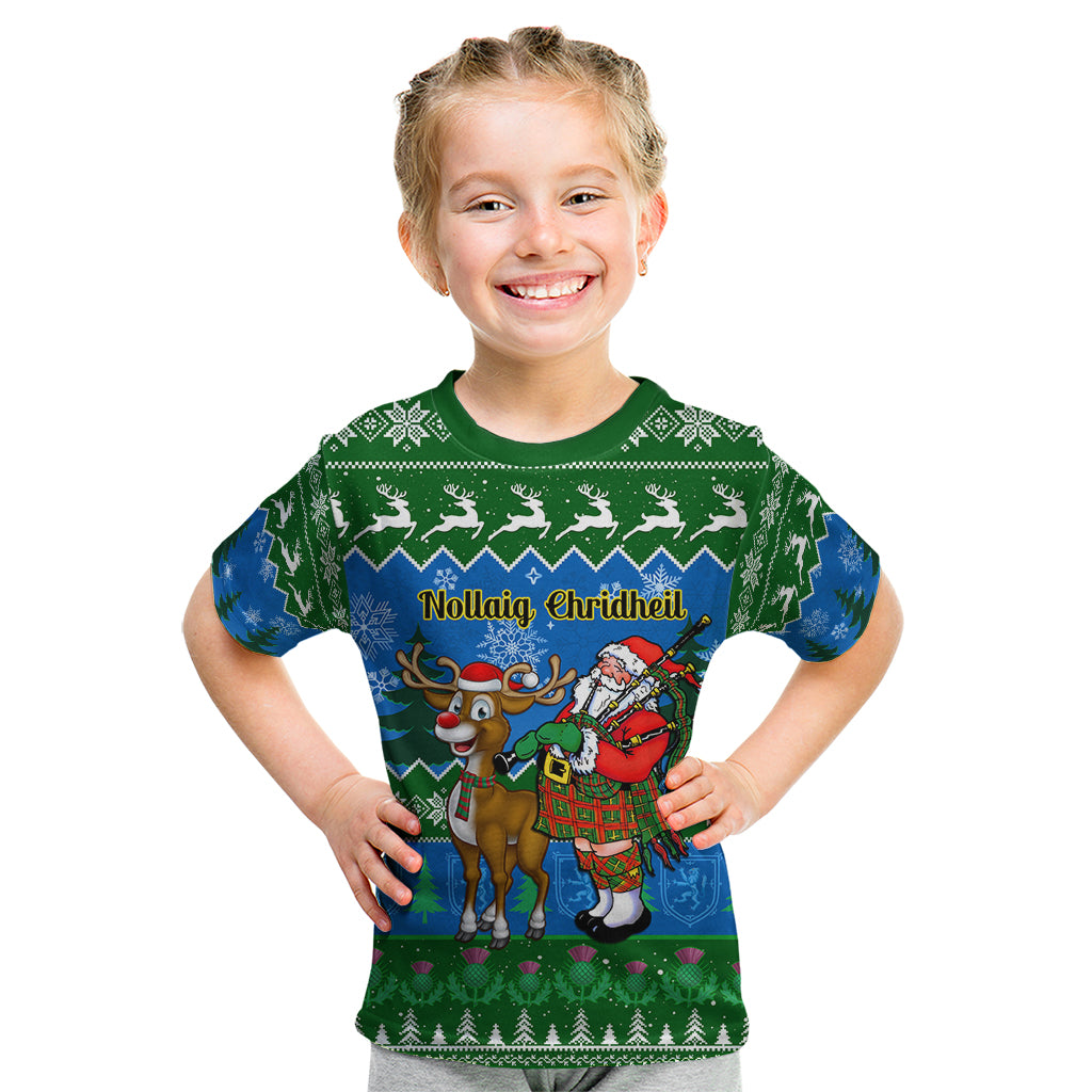 Personalised Scotland Christmas Kid T Shirt Scottish Santa With Reindeer Nollaig Chridheil - Wonder Print Shop