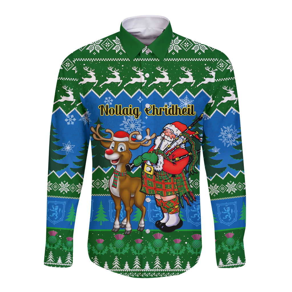 Green long-sleeve Christmas button shirt with reindeer and Santa front graphic, 'Nollaig Chridheil'.