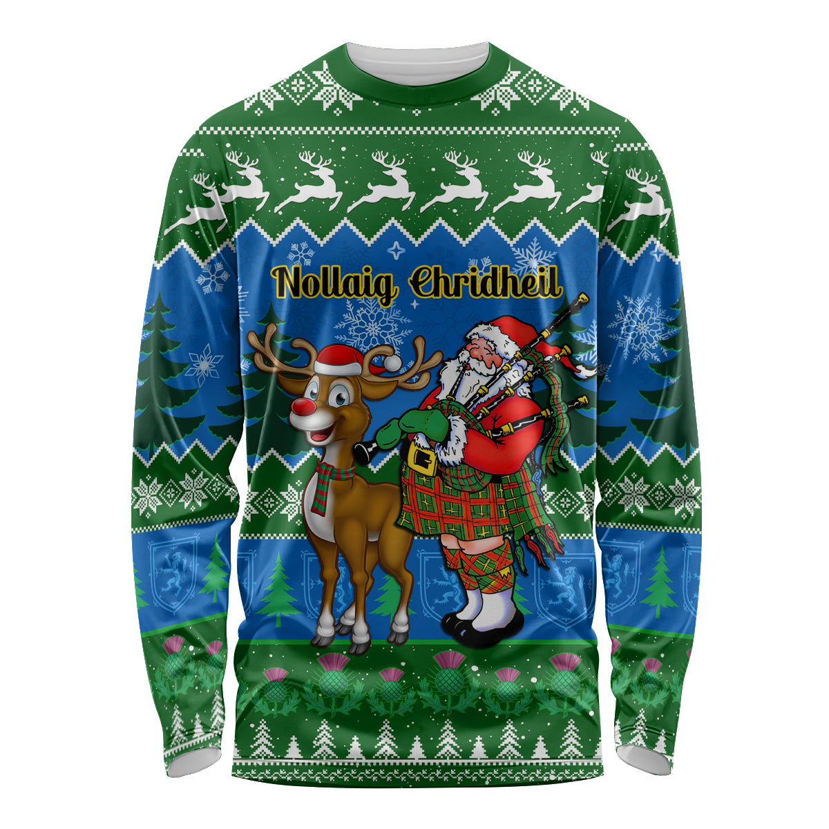 Personalised Scotland Christmas Long Sleeve Shirt Scottish Santa With Reindeer Nollaig Chridheil - Wonder Print Shop