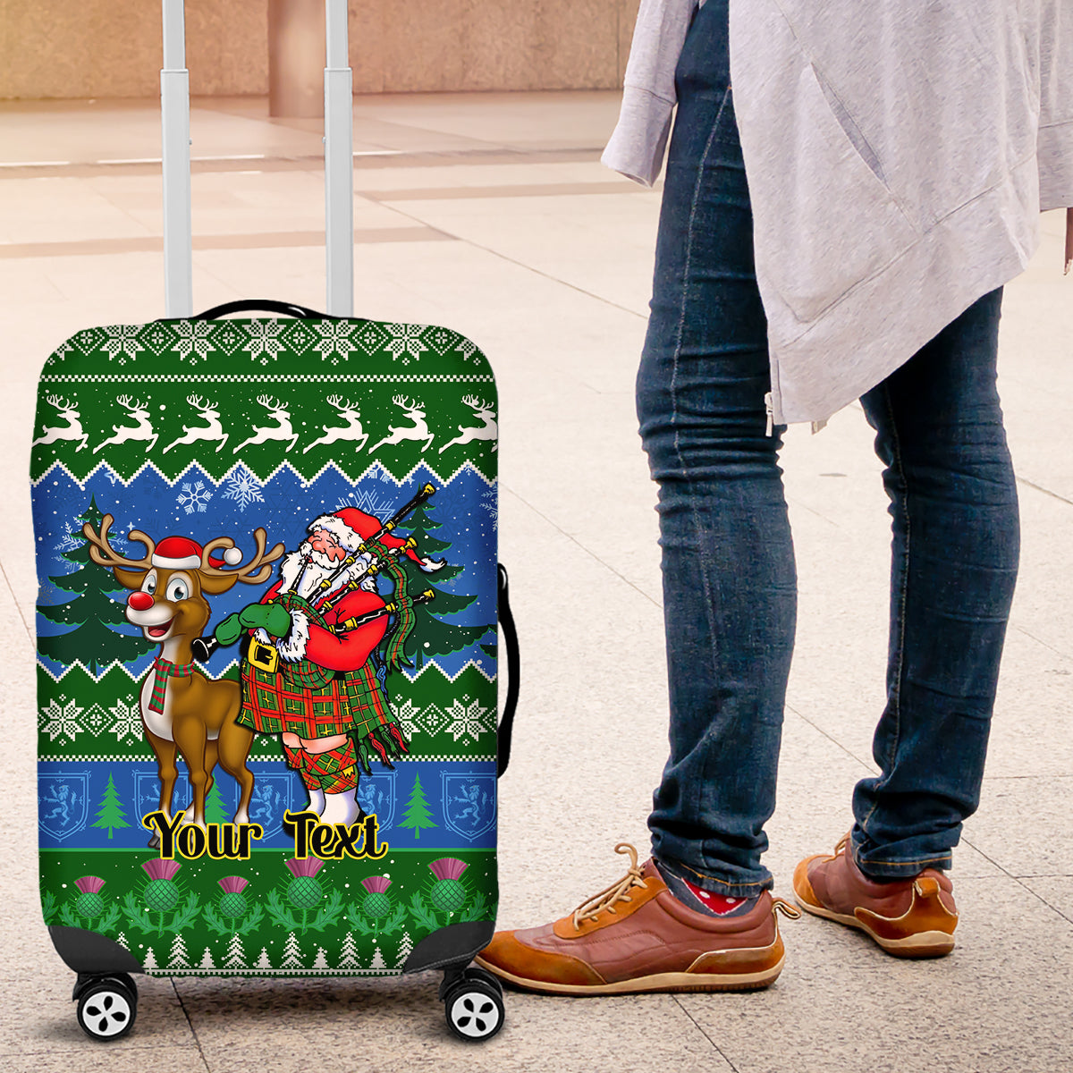 Personalised Scotland Christmas Luggage Cover Scottish Santa With Reindeer Nollaig Chridheil - Wonder Print Shop