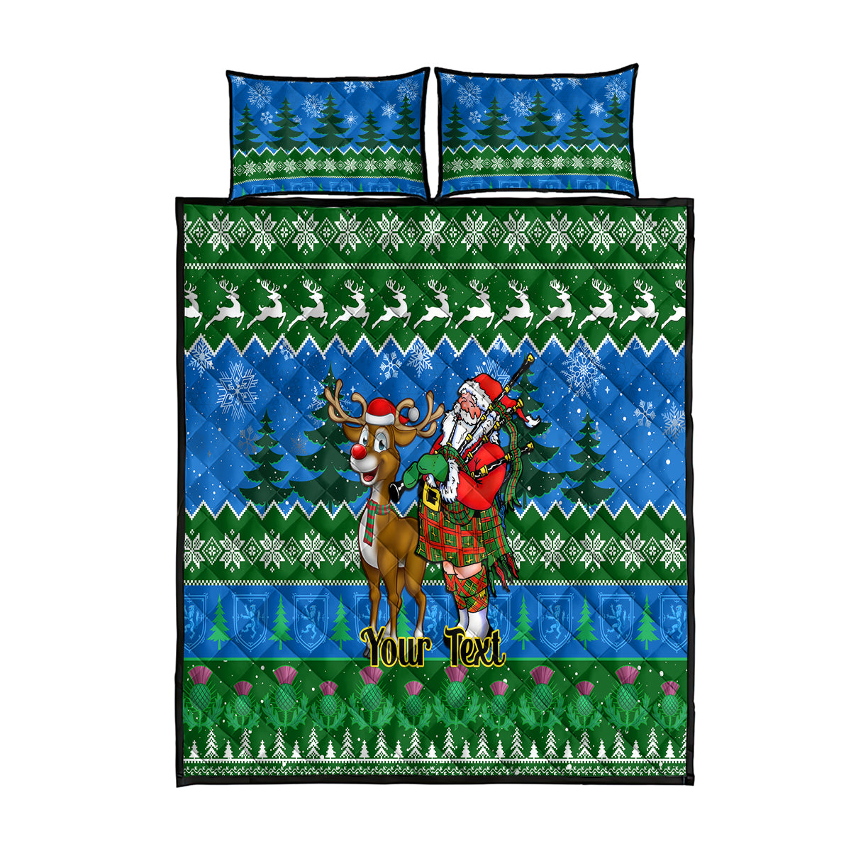 personalised-scotland-christmas-quilt-bed-set-scottish-santa-with-reindeer-nollaig-chridheil