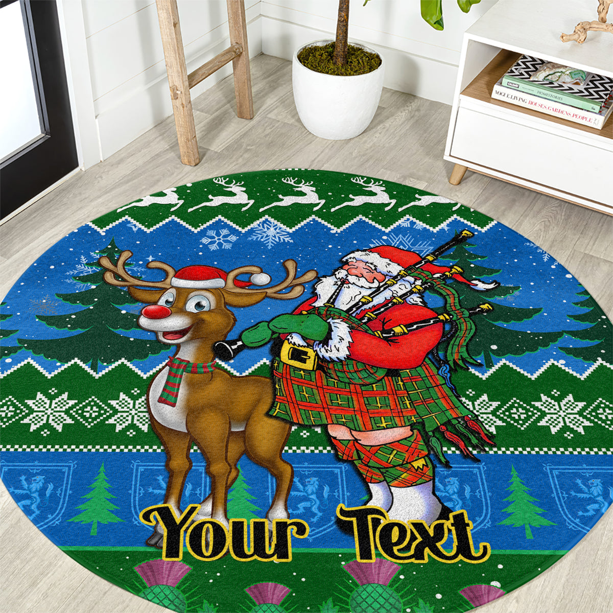 personalised-scotland-christmas-round-carpet-scottish-santa-with-reindeer-nollaig-chridheil