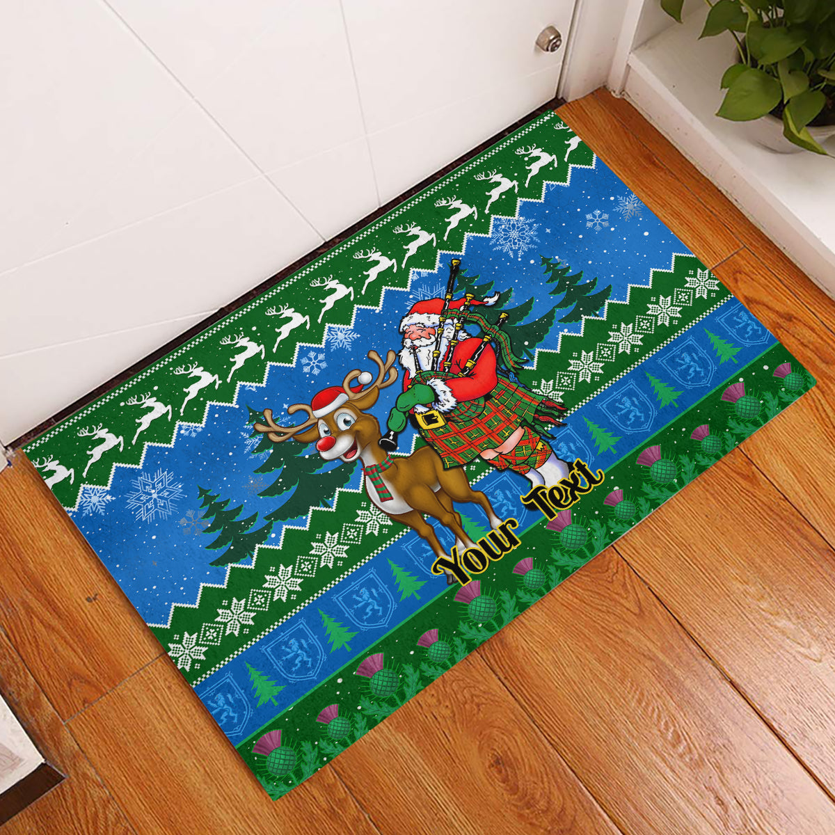 personalised-scotland-christmas-rubber-doormat-scottish-santa-with-reindeer-nollaig-chridheil