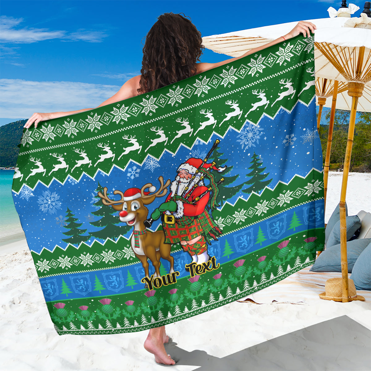 personalised-scotland-christmas-sarong-scottish-santa-with-reindeer-nollaig-chridheil