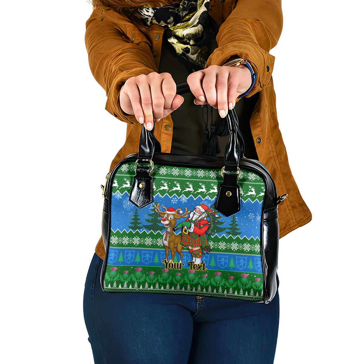 personalised-scotland-christmas-shoulder-handbag-scottish-santa-with-reindeer-nollaig-chridheil