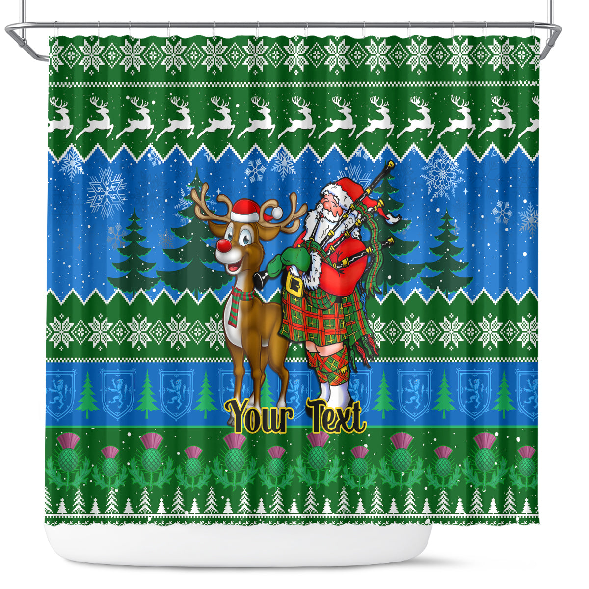 personalised-scotland-christmas-shower-curtain-scottish-santa-with-reindeer-nollaig-chridheil