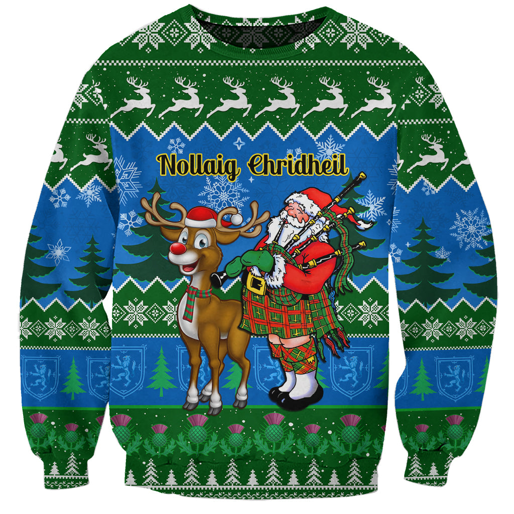 Green crewneck Christmas sweatshirt with reindeer and Santa graphic, 'Nollaig Chridheil' text