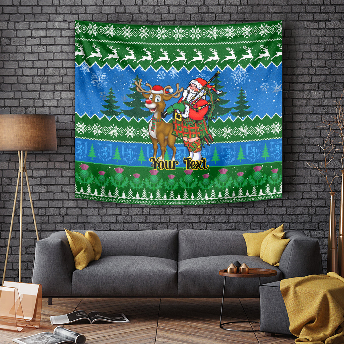 Green Christmas tapestry with Santa and reindeer, custom text banner, festive pattern