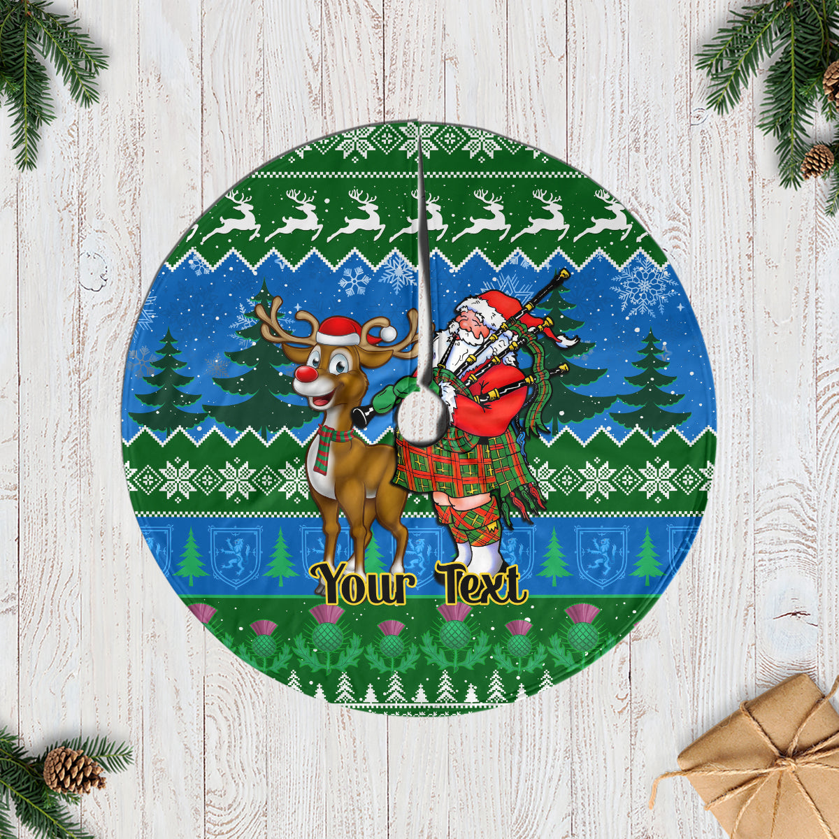 personalised-scotland-christmas-tree-skirt-scottish-santa-with-reindeer-nollaig-chridheil