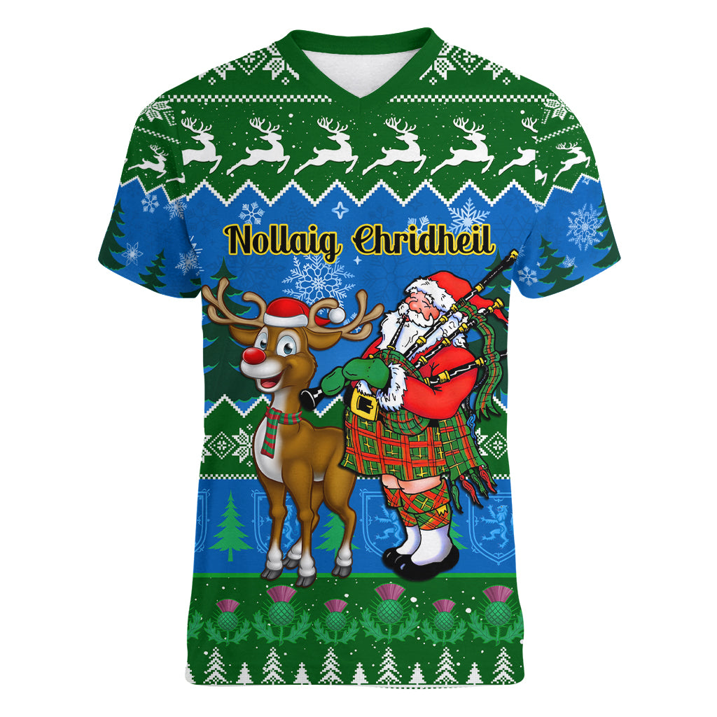 personalised-scotland-christmas-women-v-neck-t-shirt-scottish-santa-with-reindeer-nollaig-chridheil