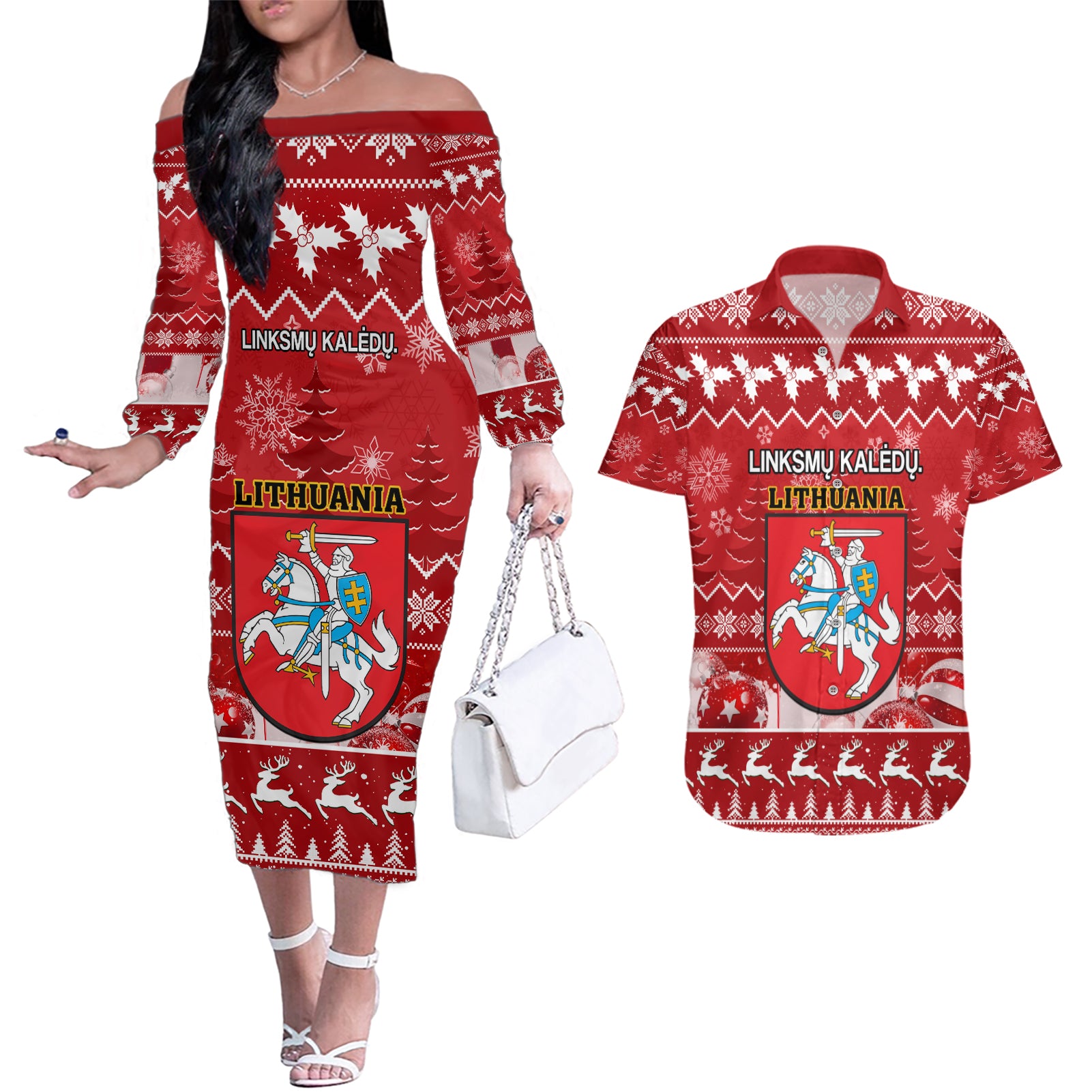 Personalised Lithuania Christmas Couples Matching Off The Shoulder Long Sleeve Dress and Hawaiian Shirt Linksmu Kaledu - Wonder Print Shop