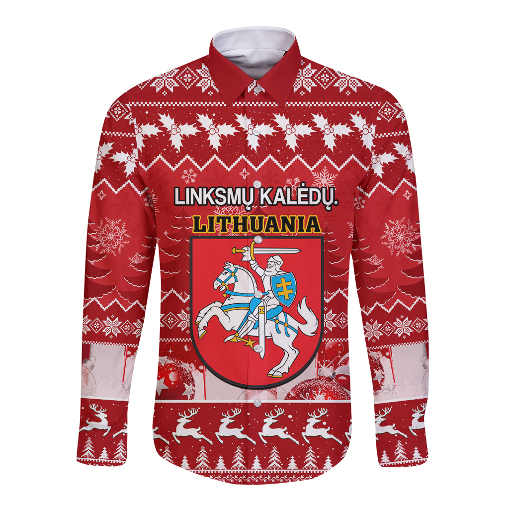 Personalised Lithuania Christmas Long Sleeve Button Shirt Linksmu Kaledu - Wonder Print Shop