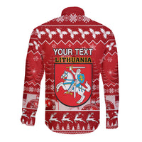 Red long-sleeve button shirt with large back graphic and decorative holiday patterns.