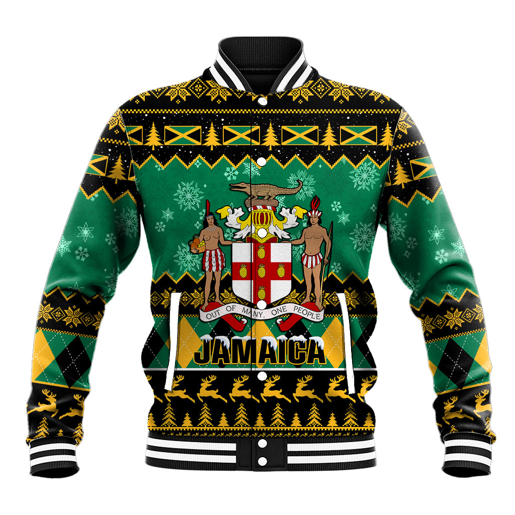 Green baseball jacket with black and yellow trim, ribbed striped collar, Jamaica crest graphic
