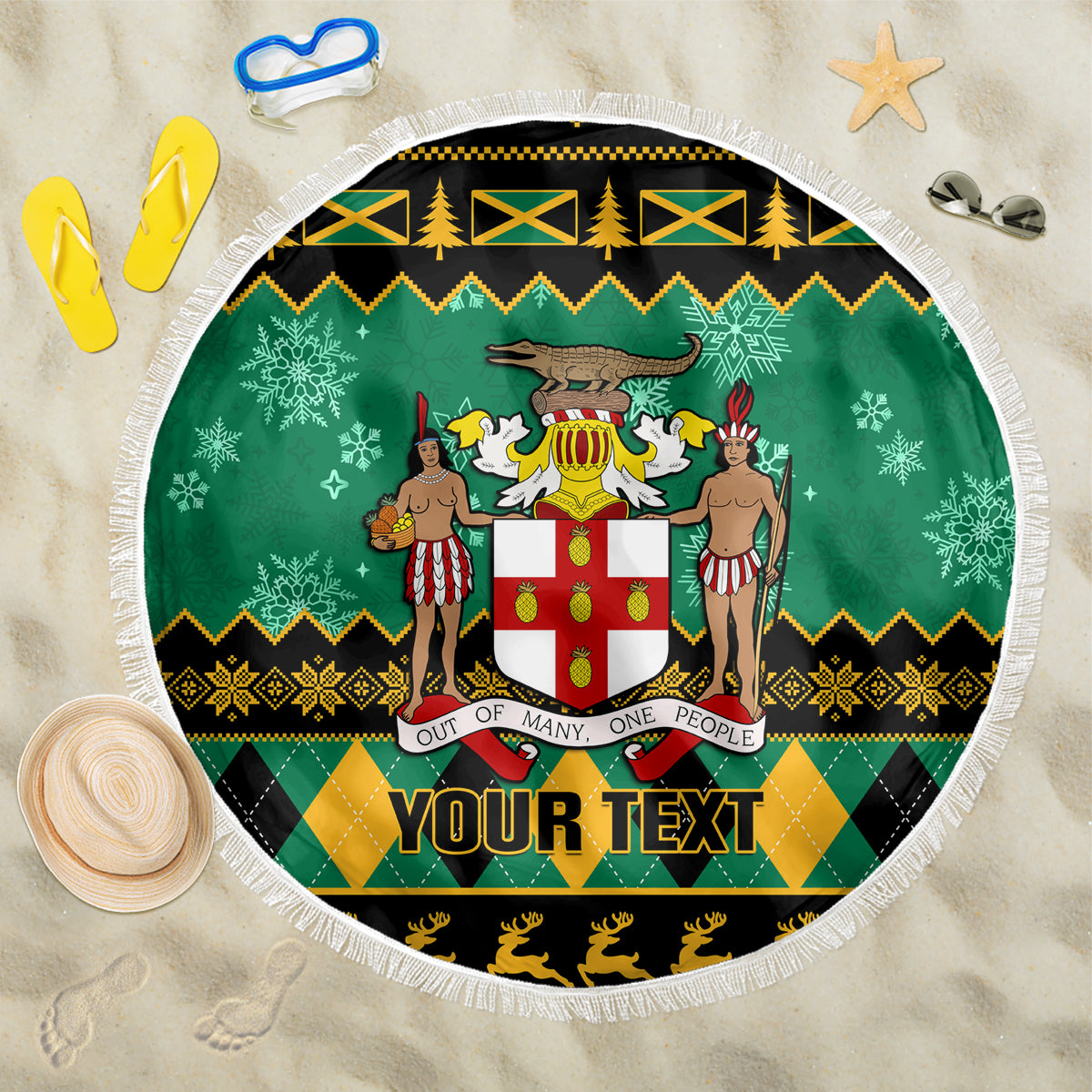 personalised-jamaica-christmas-beach-blanket-jamaican-coat-of-arms-xmas-vibes