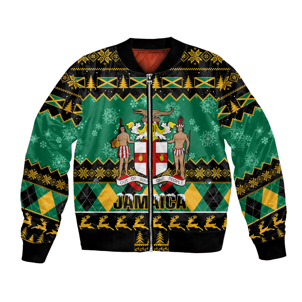 Green bomber jacket with festive Jamaica crest graphic, ribbed cuffs, zip front
