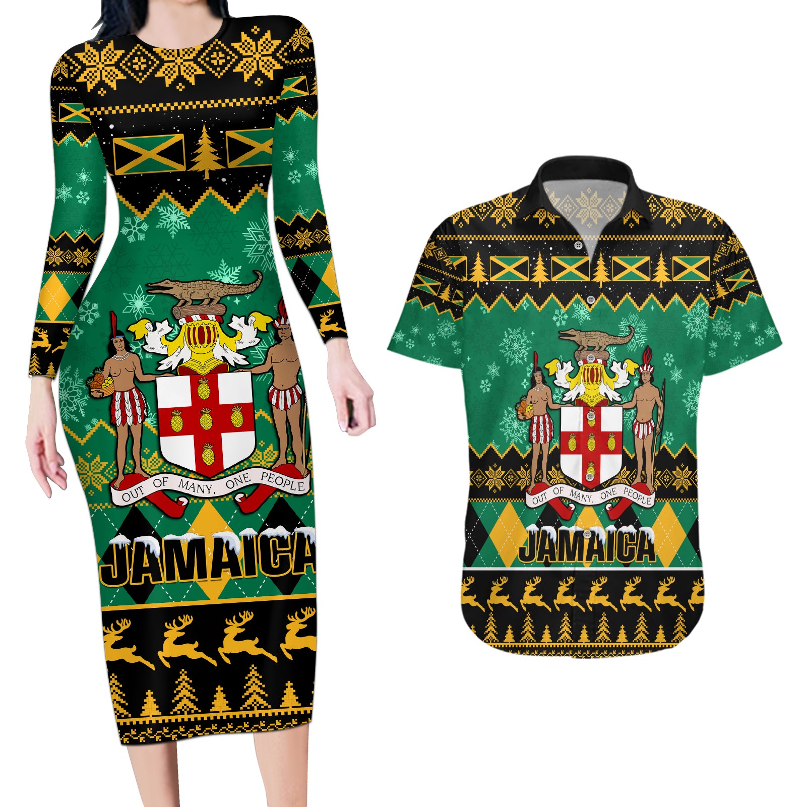 personalised-jamaica-christmas-couples-matching-long-sleeve-bodycon-dress-and-hawaiian-shirt-jamaican-coat-of-arms-xmas-vibes