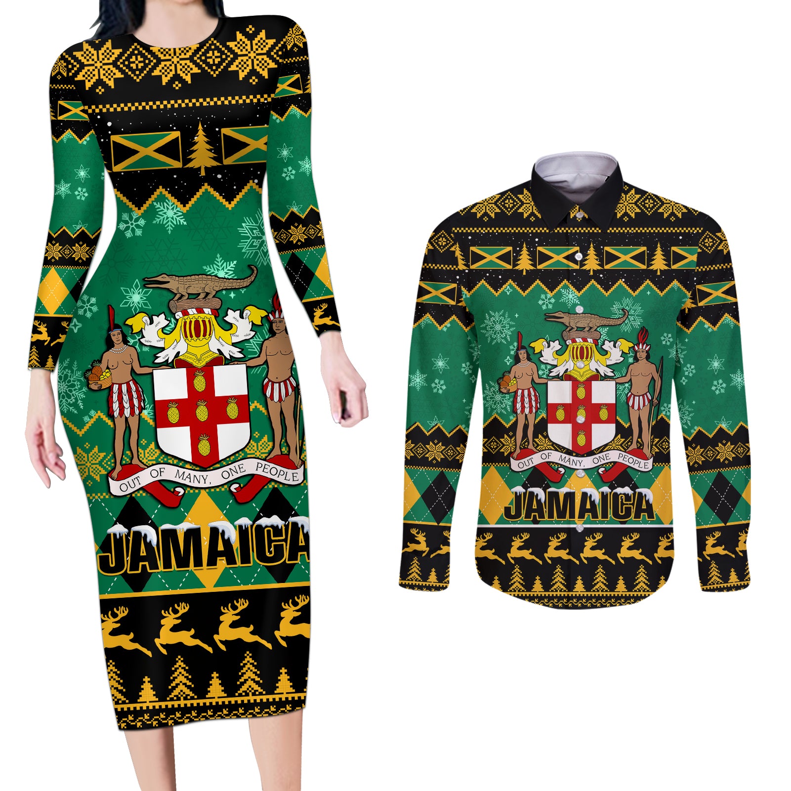 personalised-jamaica-christmas-couples-matching-long-sleeve-bodycon-dress-and-long-sleeve-button-shirt-jamaican-coat-of-arms-xmas-vibes