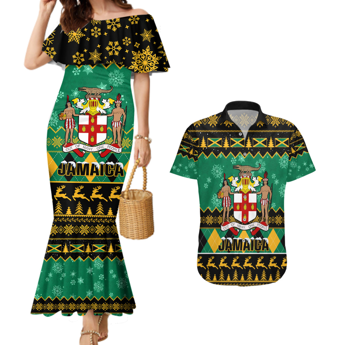 personalised-jamaica-christmas-couples-matching-mermaid-dress-and-hawaiian-shirt-jamaican-coat-of-arms-xmas-vibes