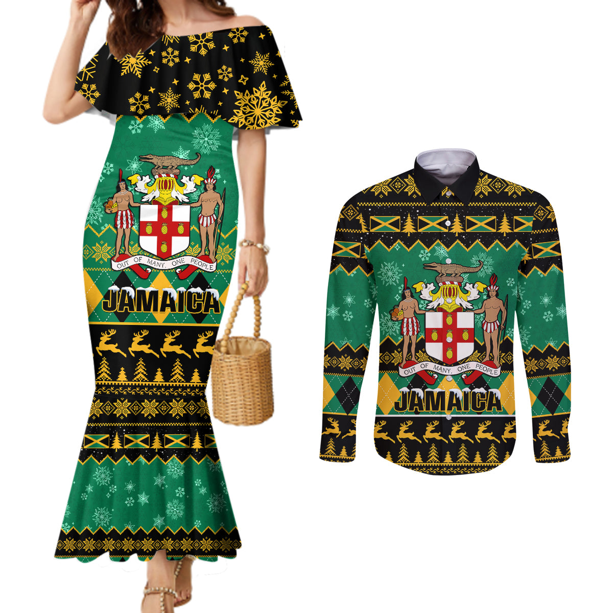 personalised-jamaica-christmas-couples-matching-mermaid-dress-and-long-sleeve-button-shirt-jamaican-coat-of-arms-xmas-vibes