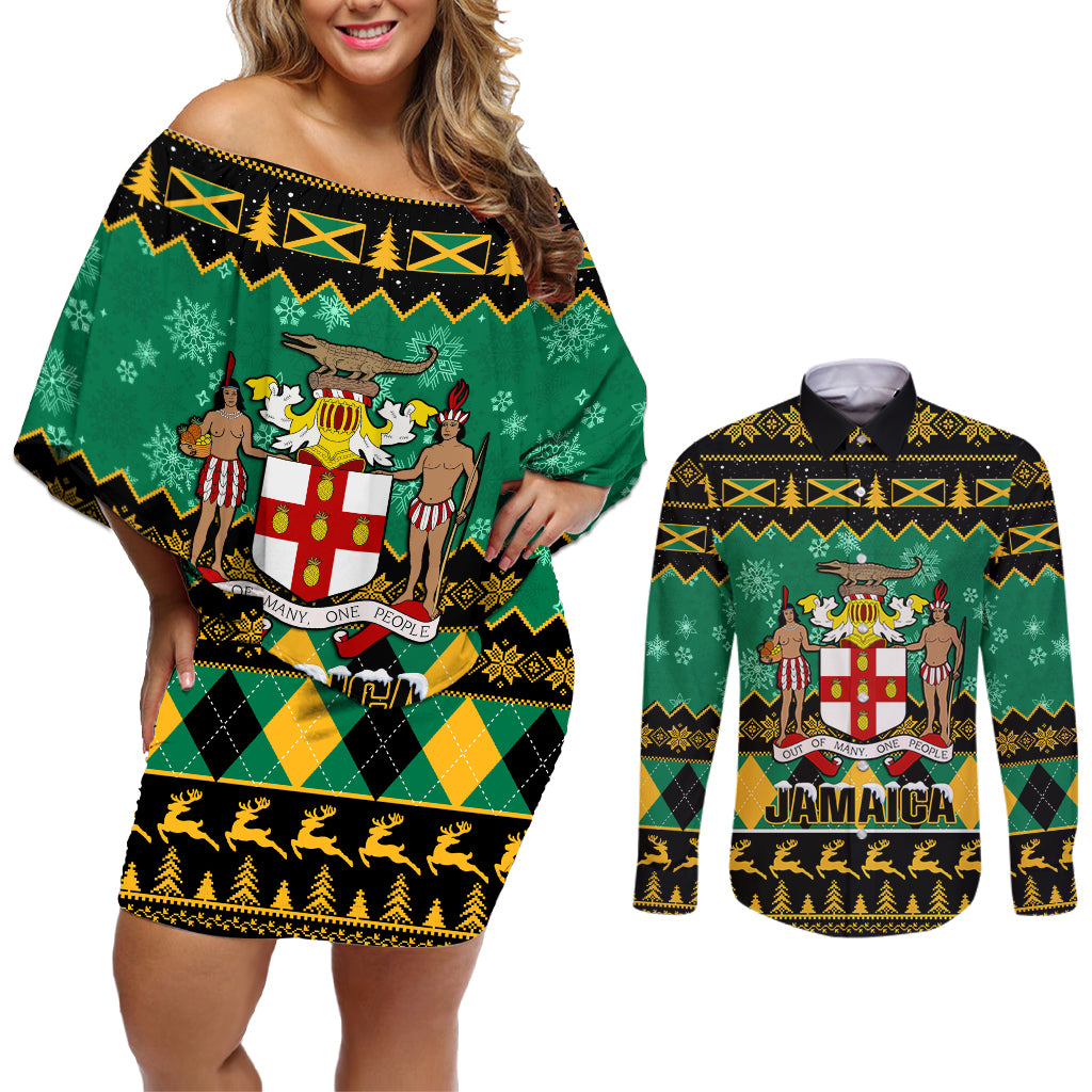 personalised-jamaica-christmas-couples-matching-off-shoulder-short-dress-and-long-sleeve-button-shirt-jamaican-coat-of-arms-xmas-vibes