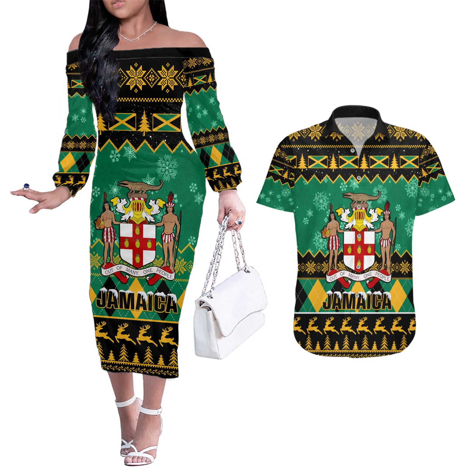 personalised-jamaica-christmas-couples-matching-off-the-shoulder-long-sleeve-dress-and-hawaiian-shirt-jamaican-coat-of-arms-xmas-vibes