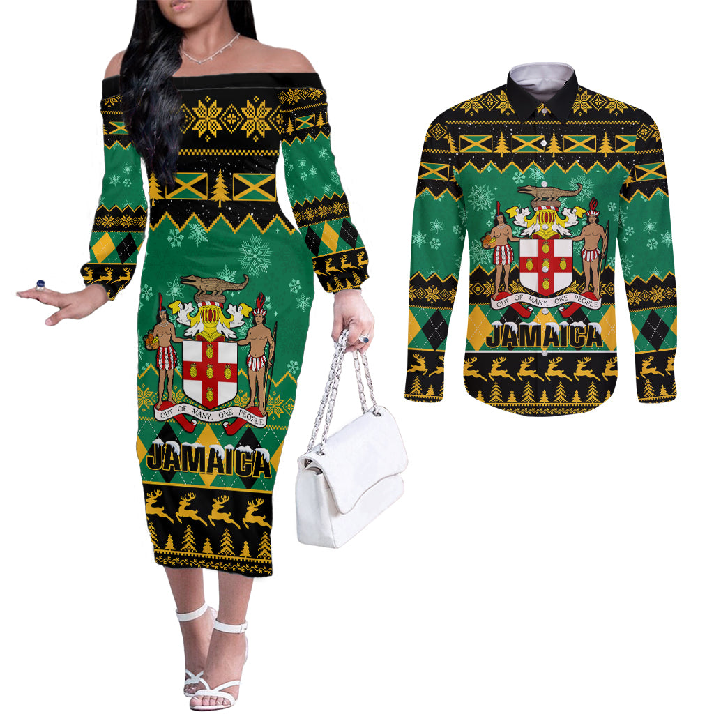 personalised-jamaica-christmas-couples-matching-off-the-shoulder-long-sleeve-dress-and-long-sleeve-button-shirt-jamaican-coat-of-arms-xmas-vibes