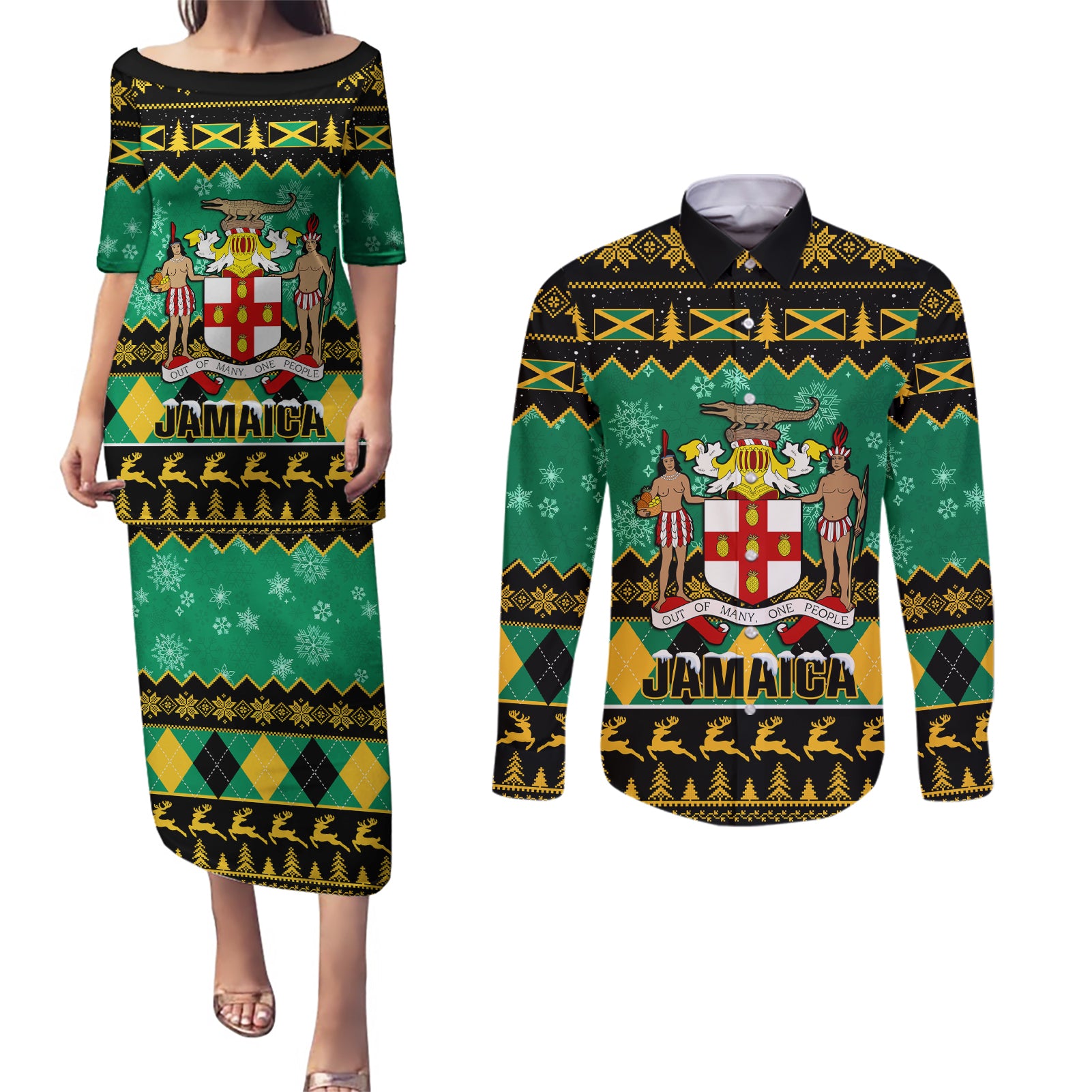 personalised-jamaica-christmas-couples-matching-puletasi-dress-and-long-sleeve-button-shirt-jamaican-coat-of-arms-xmas-vibes