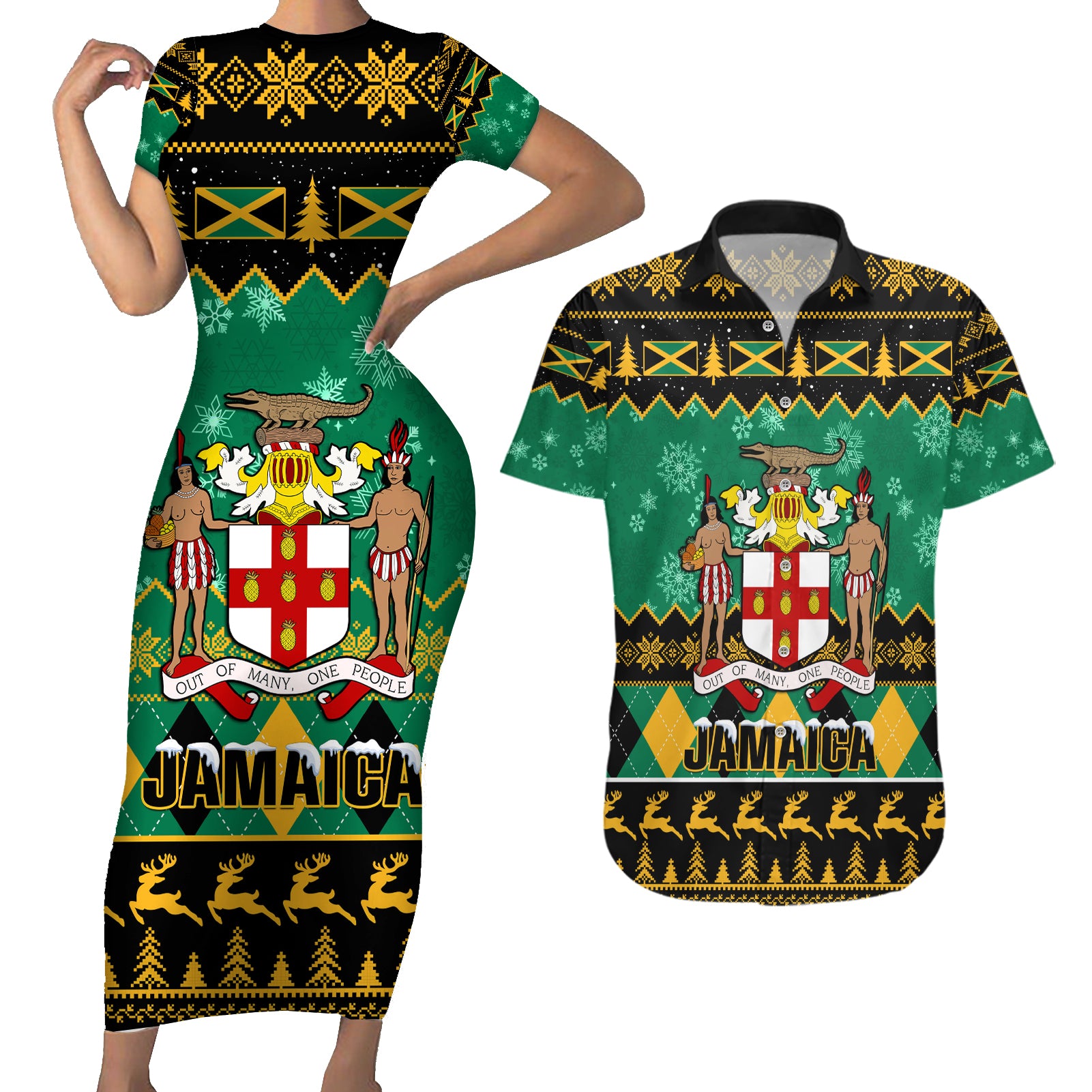 personalised-jamaica-christmas-couples-matching-short-sleeve-bodycon-dress-and-hawaiian-shirt-jamaican-coat-of-arms-xmas-vibes