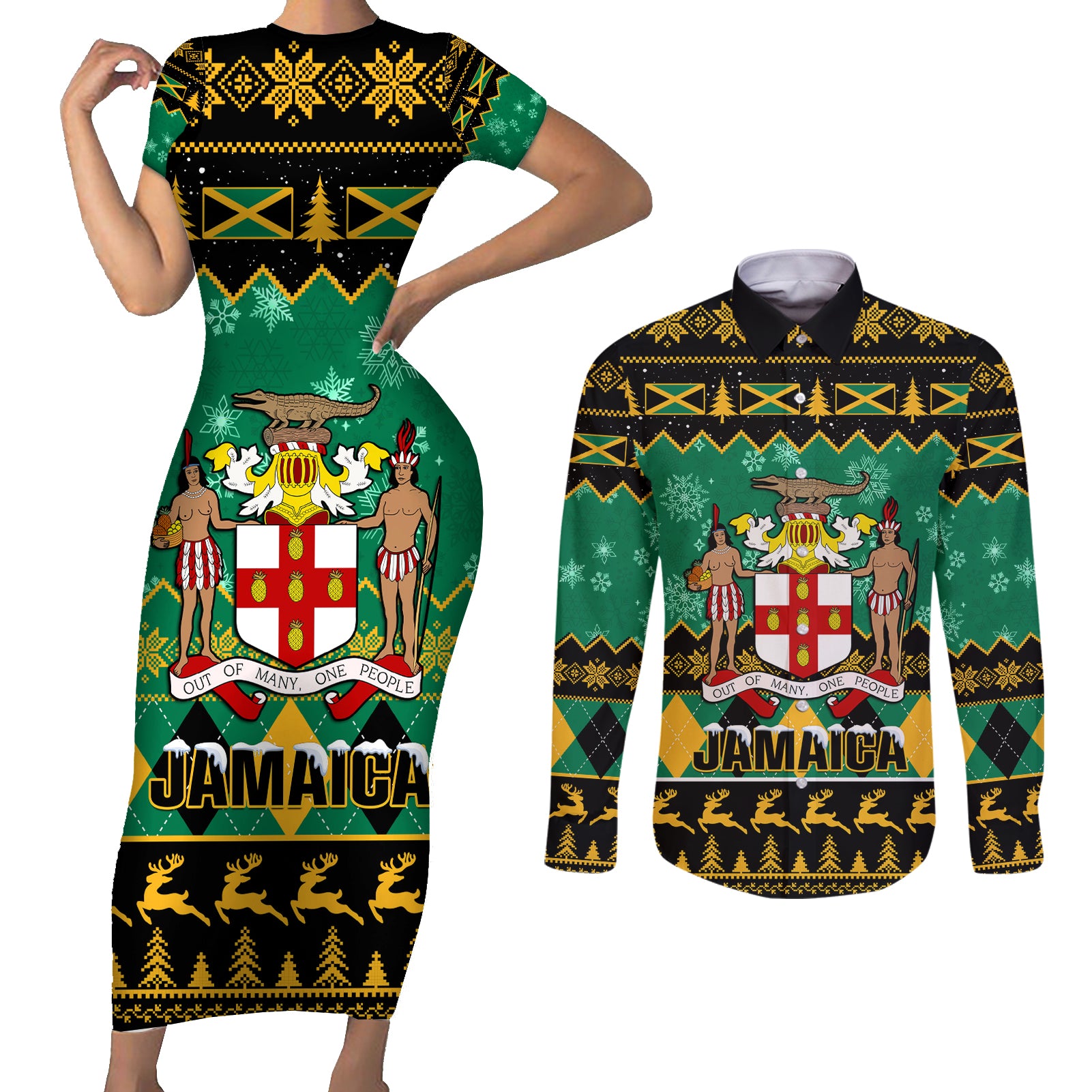 personalised-jamaica-christmas-couples-matching-short-sleeve-bodycon-dress-and-long-sleeve-button-shirt-jamaican-coat-of-arms-xmas-vibes