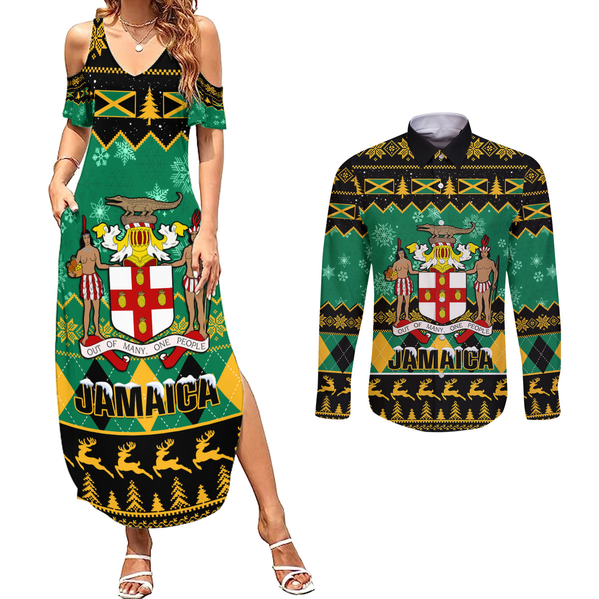 personalised-jamaica-christmas-couples-matching-summer-maxi-dress-and-long-sleeve-button-shirt-jamaican-coat-of-arms-xmas-vibes