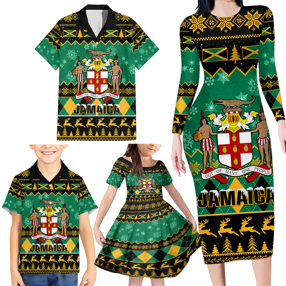 personalised-jamaica-christmas-family-matching-long-sleeve-bodycon-dress-and-hawaiian-shirt-jamaican-coat-of-arms-xmas-vibes