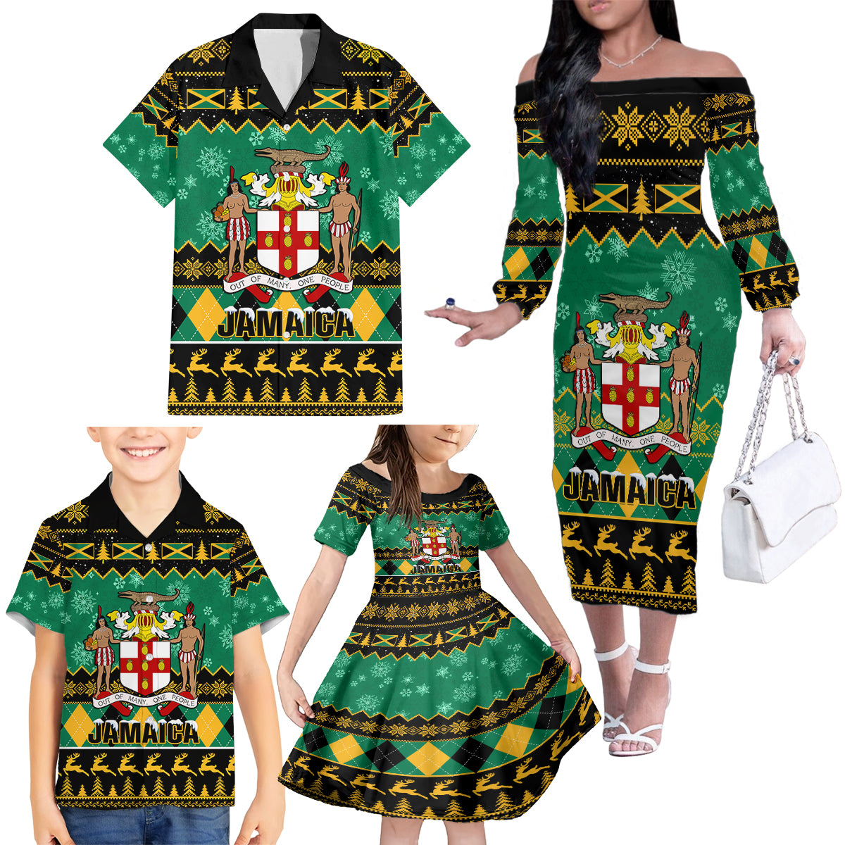 personalised-jamaica-christmas-family-matching-off-shoulder-long-sleeve-dress-and-hawaiian-shirt-jamaican-coat-of-arms-xmas-vibes