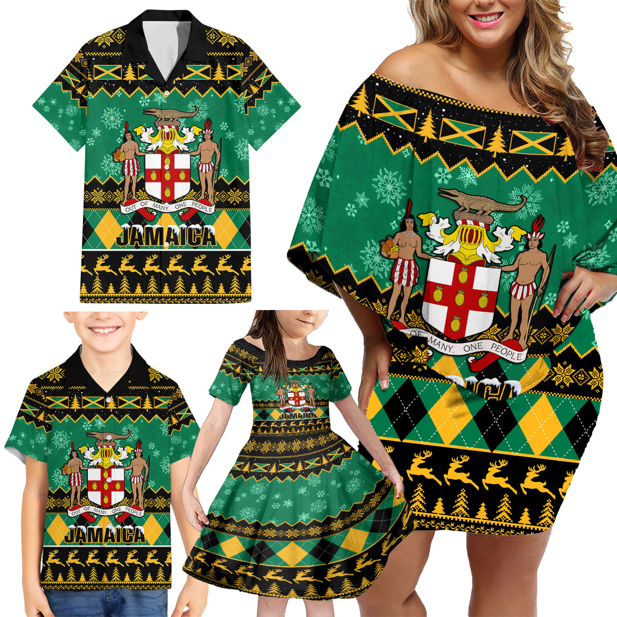 personalised-jamaica-christmas-family-matching-off-shoulder-short-dress-and-hawaiian-shirt-jamaican-coat-of-arms-xmas-vibes