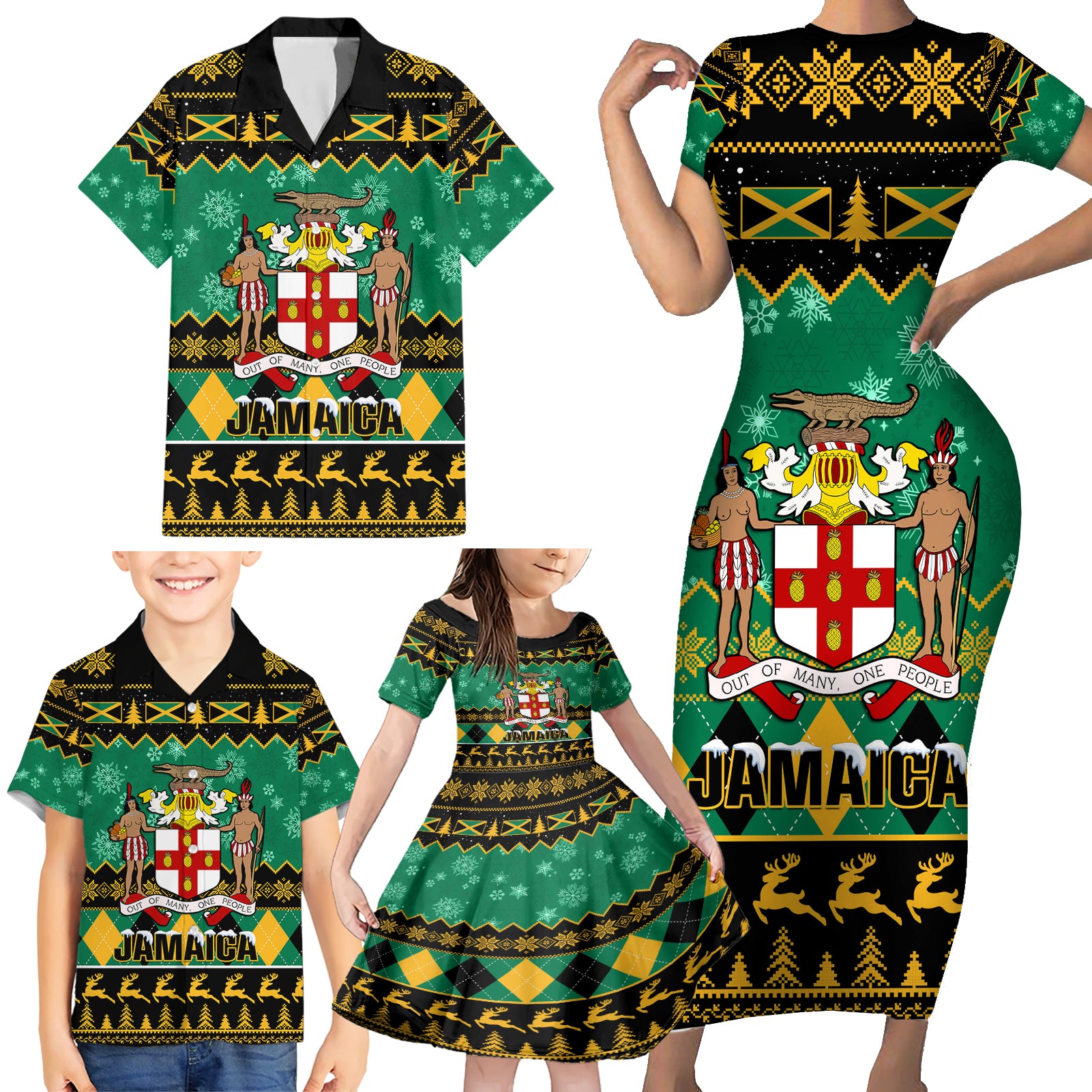 personalised-jamaica-christmas-family-matching-short-sleeve-bodycon-dress-and-hawaiian-shirt-jamaican-coat-of-arms-xmas-vibes