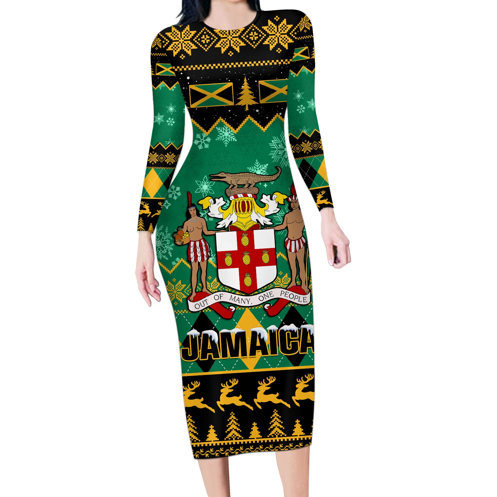 Personalised Jamaica Christmas Long Sleeve Bodycon Dress Jamaican Coat Of Arms Xmas Vibes - Wonder Print Shop