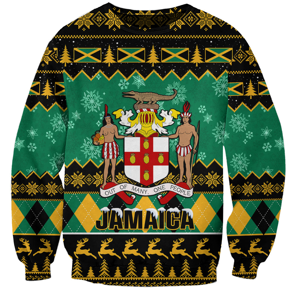 Green unisex Christmas sweatshirt with Jamaica coat of arms front graphic, long sleeves