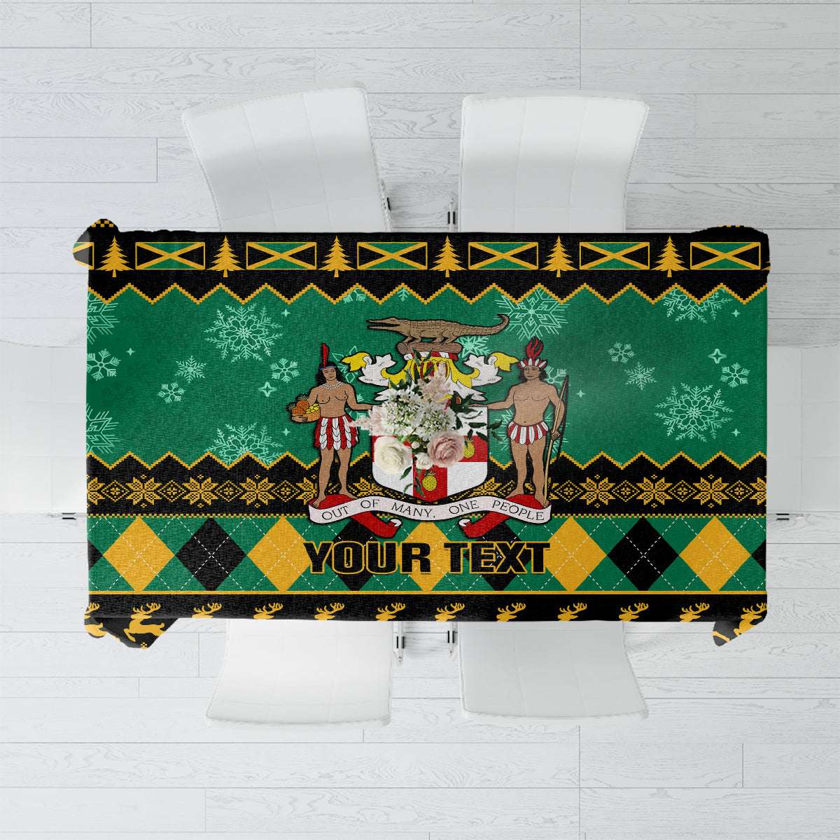 Green Christmas tablecloth with horse pattern, snowflakes, and “YOUR TEXT” center panel