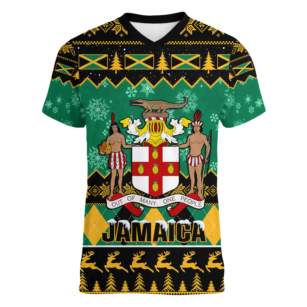 personalised-jamaica-christmas-women-v-neck-t-shirt-jamaican-coat-of-arms-xmas-vibes