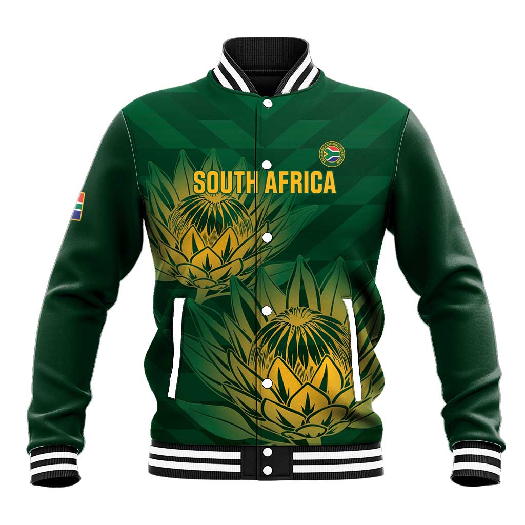 Green South Africa graphic baseball jacket, ribbed collar, striped cuffs, snap buttons