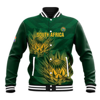 Green South Africa graphic baseball jacket, ribbed collar, striped cuffs, snap buttons