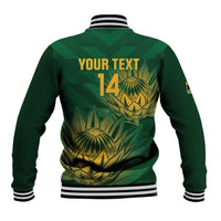 Green baseball jacket back print Your Text 14, ribbed collar, striped hem, snap buttons
