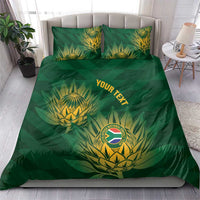 Green cricket bedding set with two pillows, gold crest, and 'YOUR TEXT' lettering