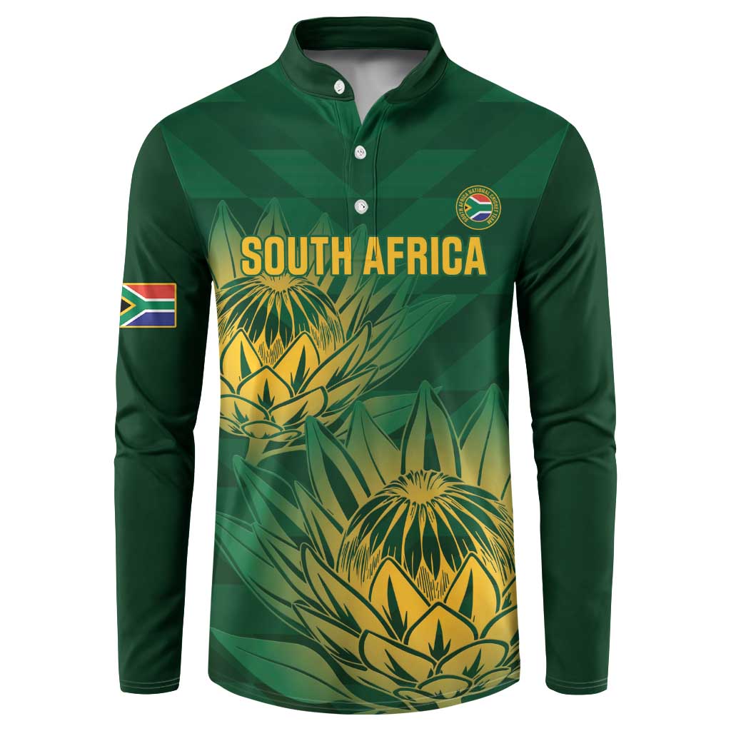 Green button sweatshirt with South Africa front graphic and crest badge
