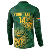 Green button sweatshirt back with YOUR TEXT 14 and yellow palm leaf artwork